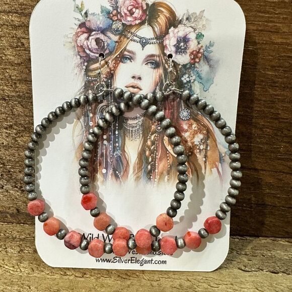 Handmade Hexa Gemstone Hoop Bead Earrings, Southwestern Design, Ships in Gift B - Picture 1 of 5